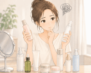 スキンケア商品選びで悩む女性